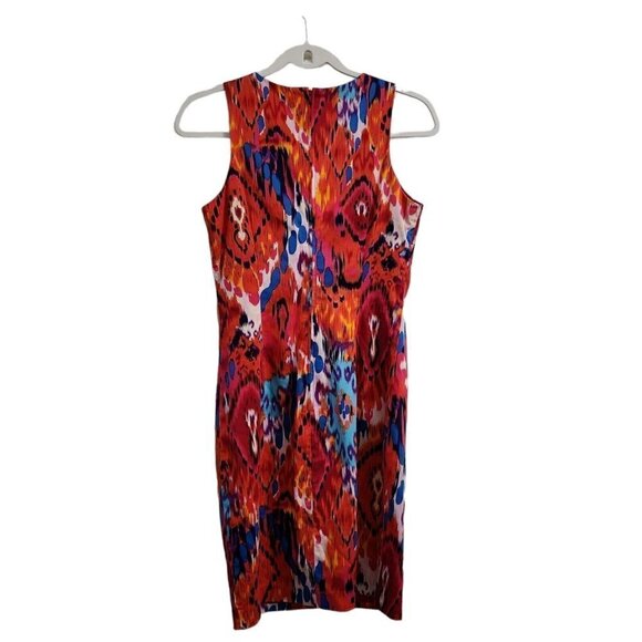 Belle Badgley Mischka Dress 2 Red Pink Ikat Sheath Fit & Flare Embellished - Picture 7 of 11